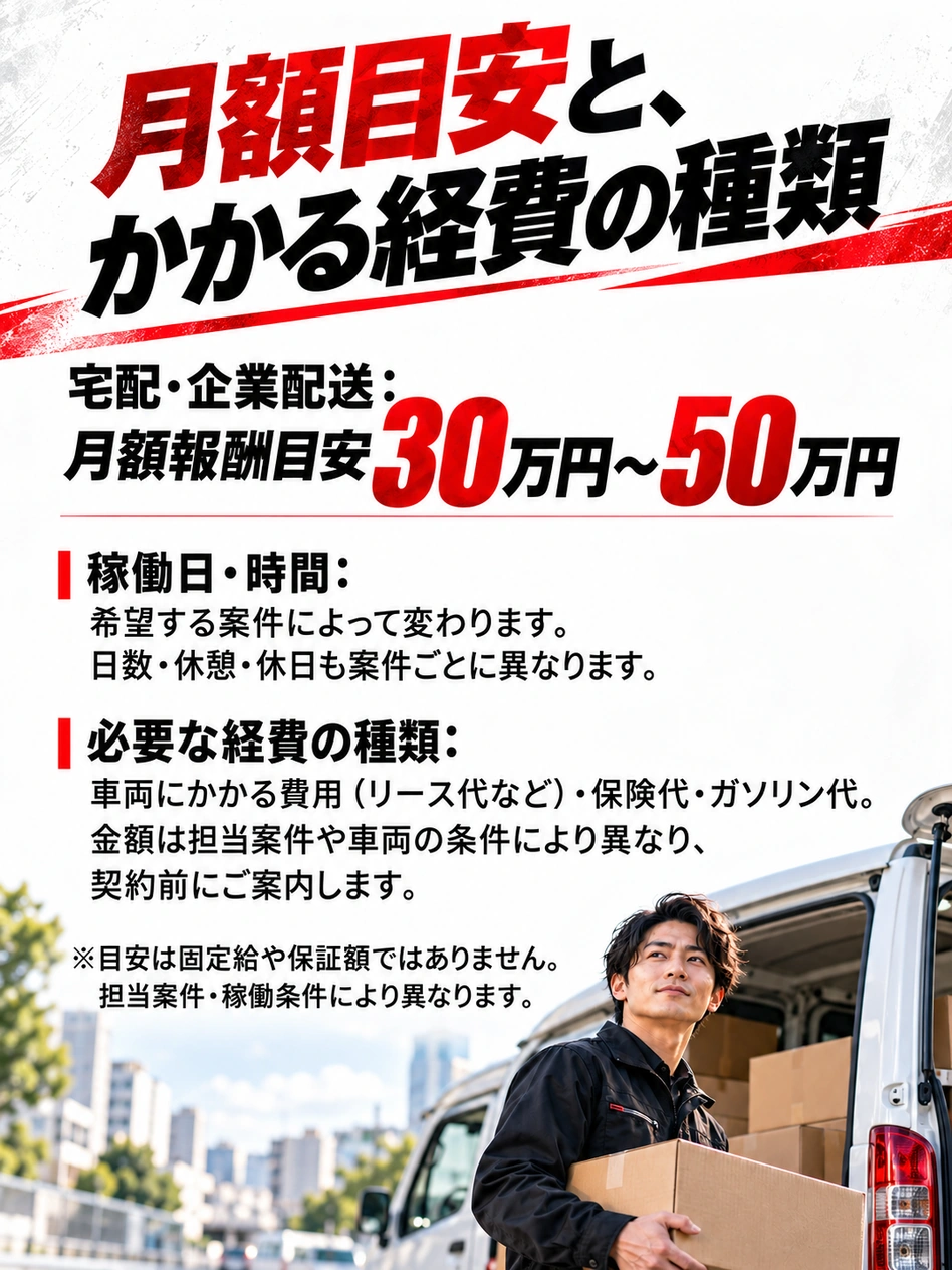月額目安と、かかる経費の種類 宅配・企業配送：月額報酬目安30万円〜50万円 稼働日・時間：希望する案件によって変わります。日数・休憩・休日も案件ごとに異なります。 必要な経費の種類：車両にかかる費用（リース代など）・保険代・ガソリン代。金額は担当案件や車両の条件により異なり、契約前にご案内します。 ※目安は固定給や保証額ではありません。担当案件・稼働条件により異なります。