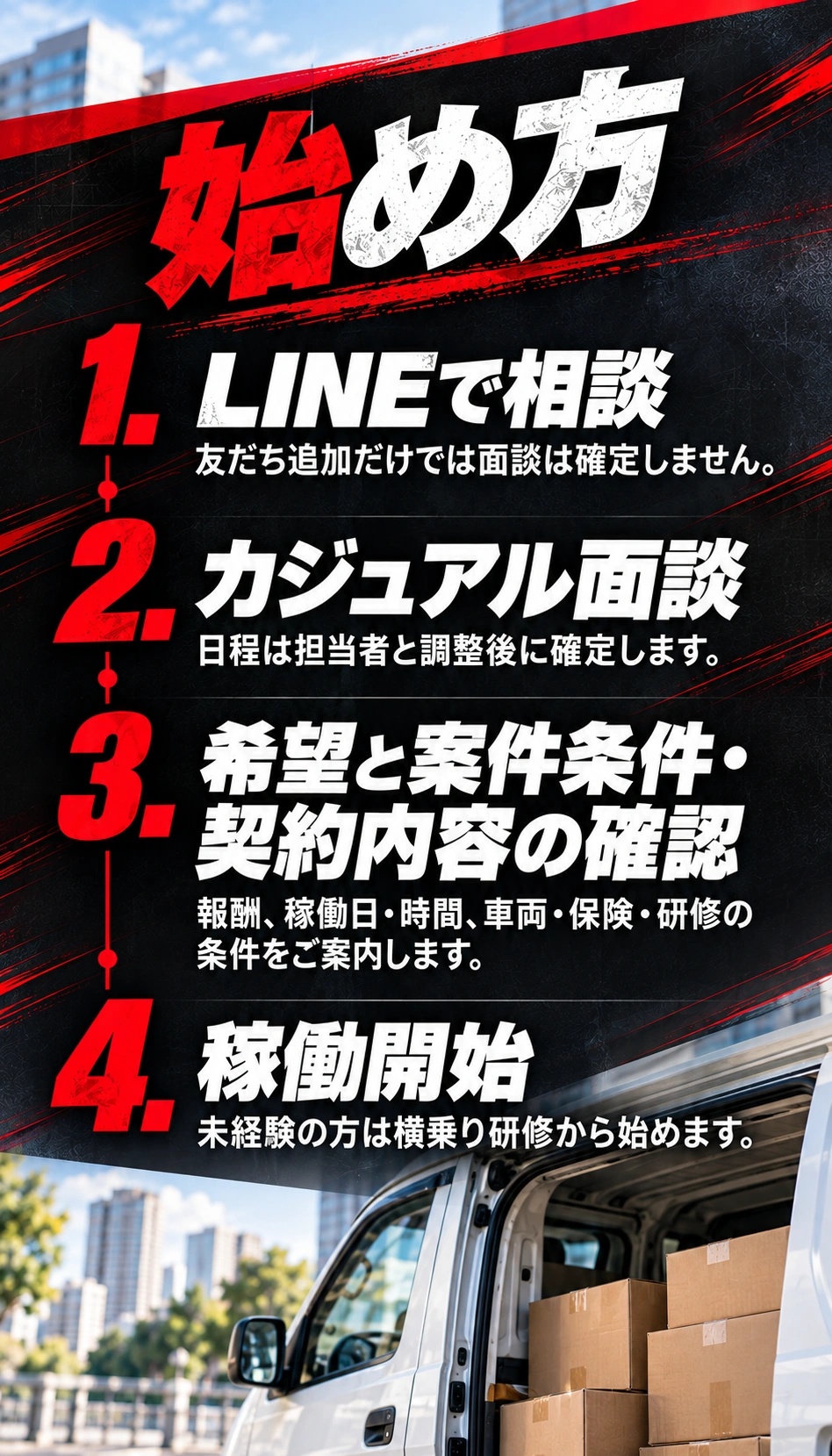 始め方 1. LINEで相談 友だち追加だけでは面談は確定しません。 2. カジュアル面談 日程は担当者と調整後に確定します。 3. 希望と案件条件・契約内容の確認 報酬、稼働日・時間、車両・保険・研修の条件をご案内します。 4. 稼働開始 未経験の方は横乗り研修から始めます。